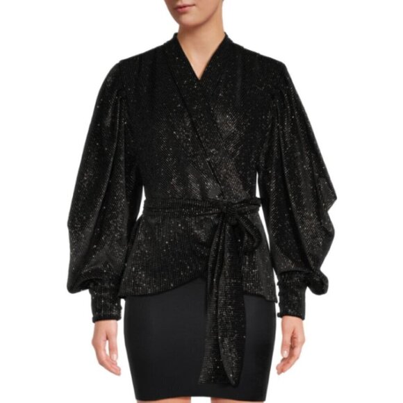 PatBO Strass Metallic Velvet Wrap Top, Black/Silver - Picture 3 of 3